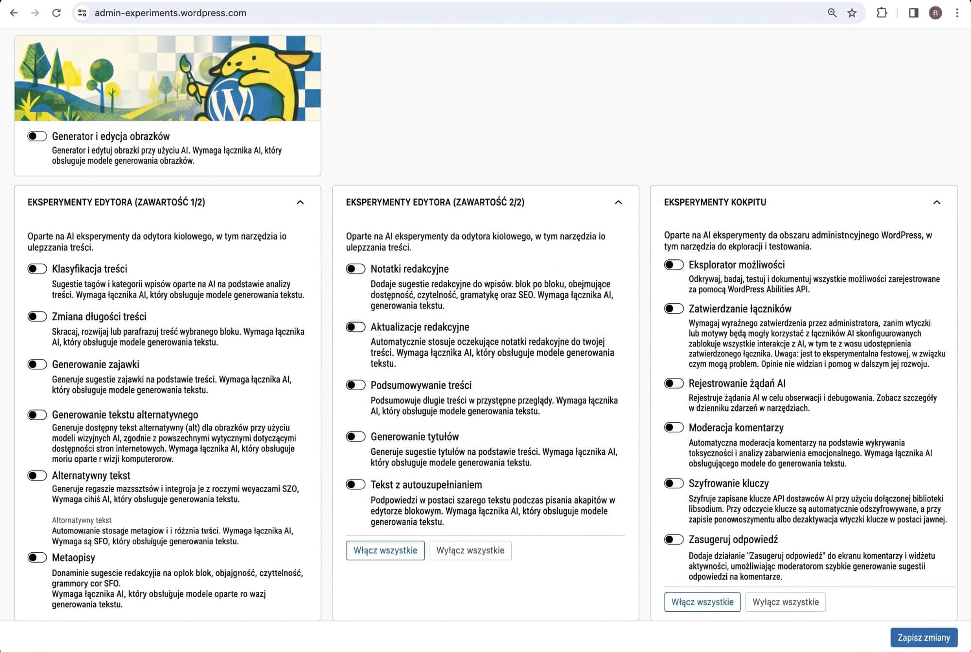 Widok ustawien agengów AI w Wordpress